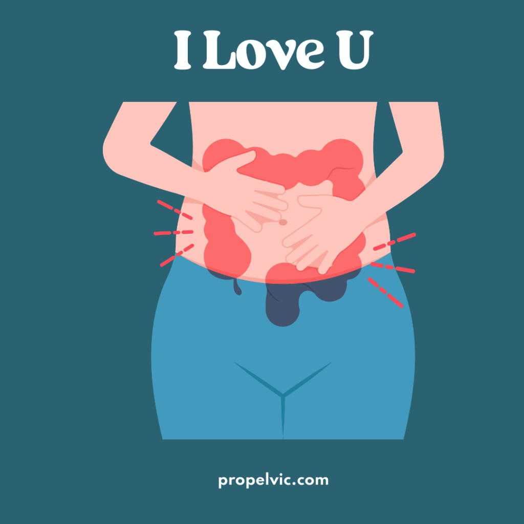 abdominal massage with I Love You massage technique illustrated by person with hands on abdomen with bowel showing through