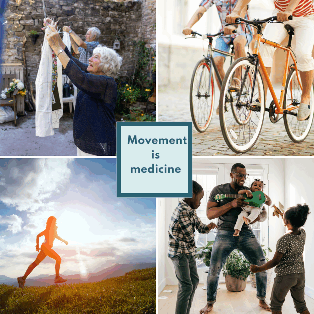 Movement is medicine examples of people doing activies for bowel health and abdominal massage