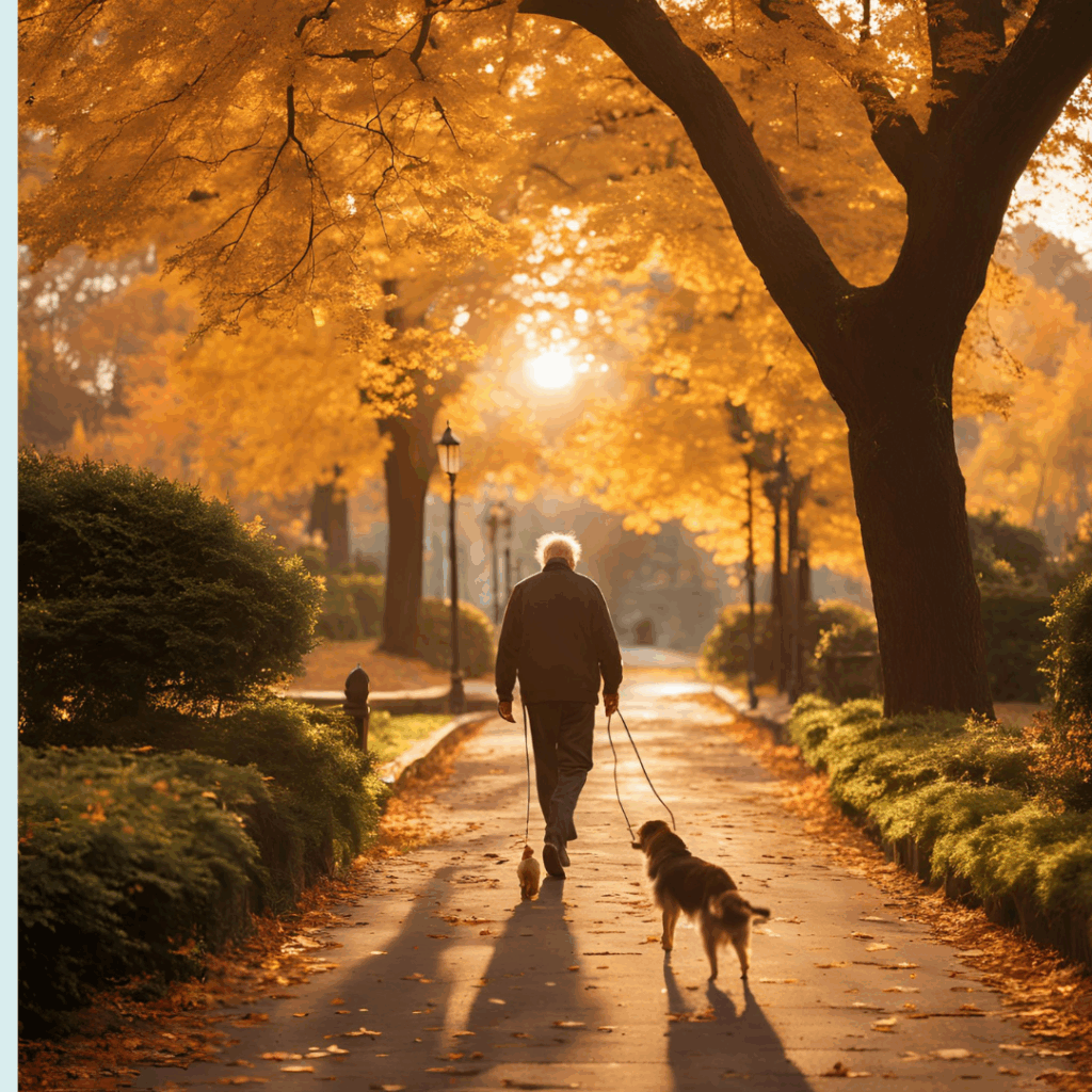 old man walking dog for bowel movement in the morning